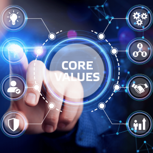 A person tapping an hologram with many icons surrounding the center that says "core values." From left to right, the icons represent innovation, ideas, customer service, safety, excellence, teamwork, and professionalism.