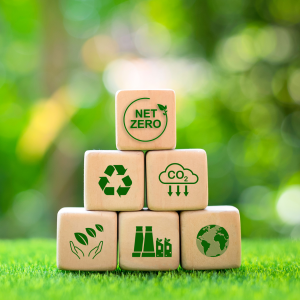 Six stacked wooden blocks with green print on a grassy, green background. At the top of the pyramid, the block says “Net Zero”, the middle two have the recycling and low CO2 symbols, the bottom three with two hands opening up to let leaves out, a symbol for green energy, and a globe icon.